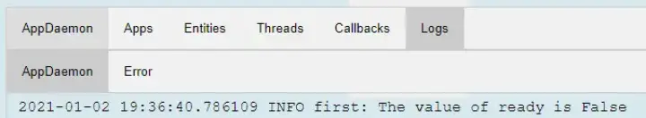 The Appdaemon log showing that the value of ready is False
