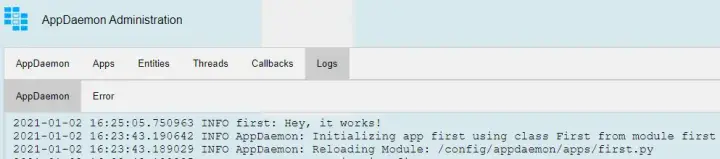 The Appdaemon logs showing the text that it works!