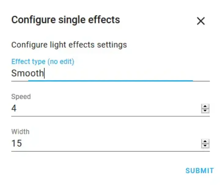 The edit effect form under the ColorWall options menu in Home Assistant