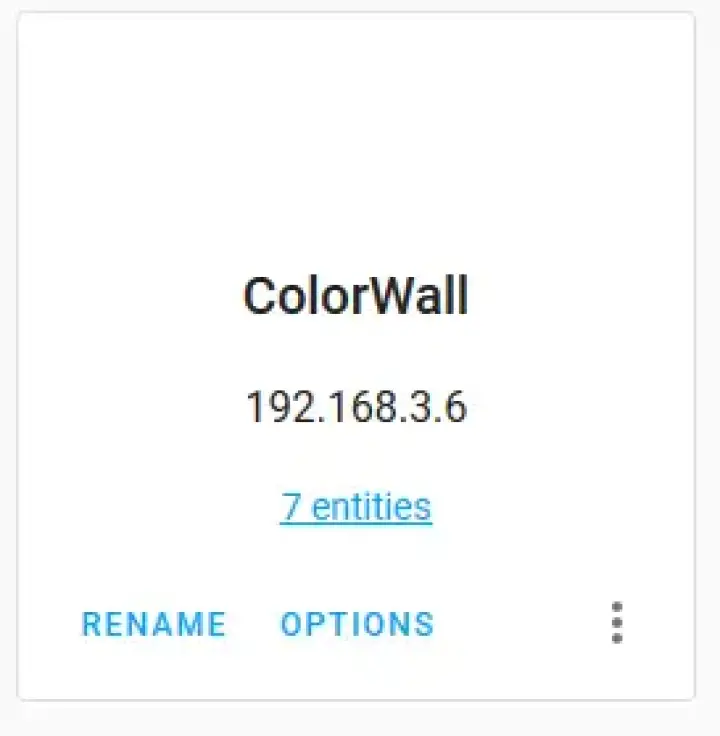 The ColorWall integrations option button in Home Assistant