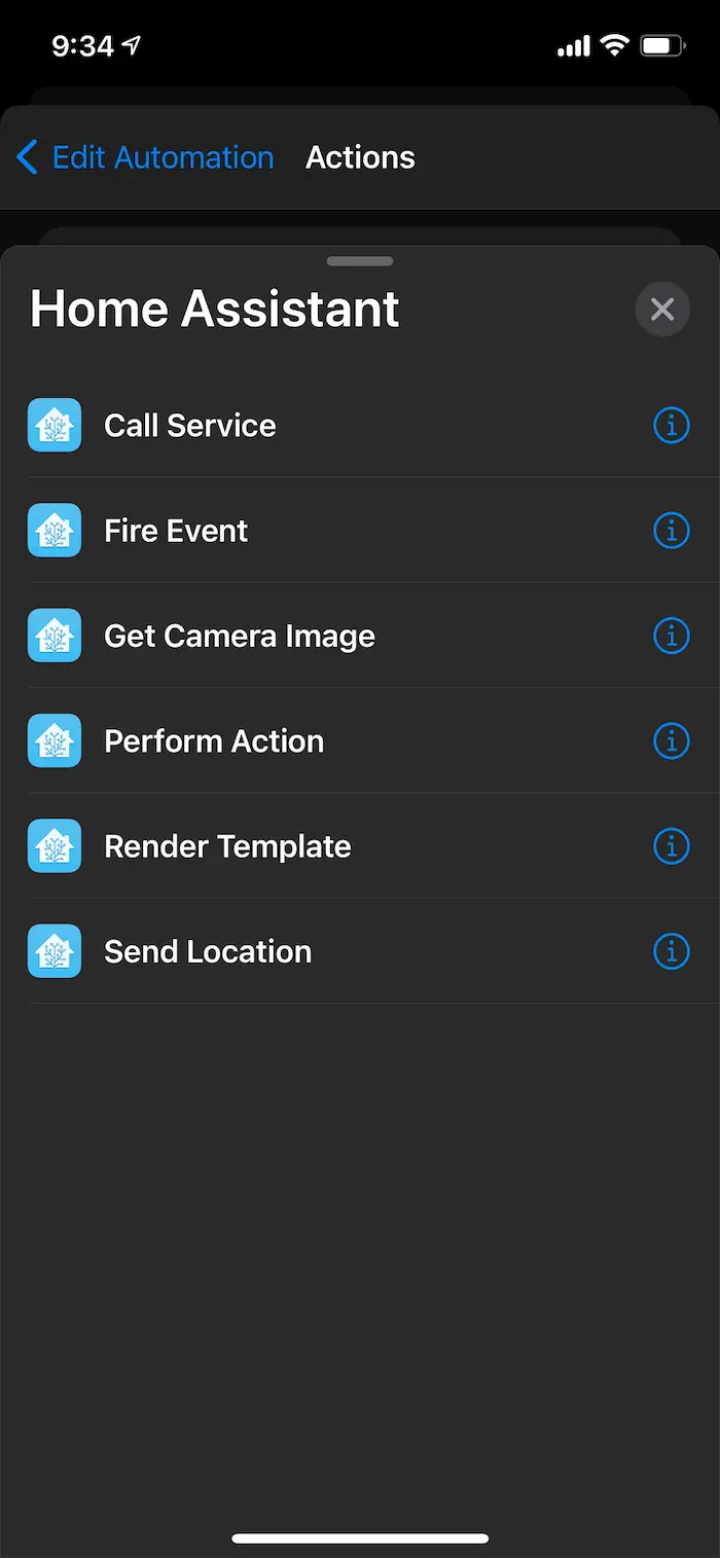 The actions provided by the Home Assistant app
